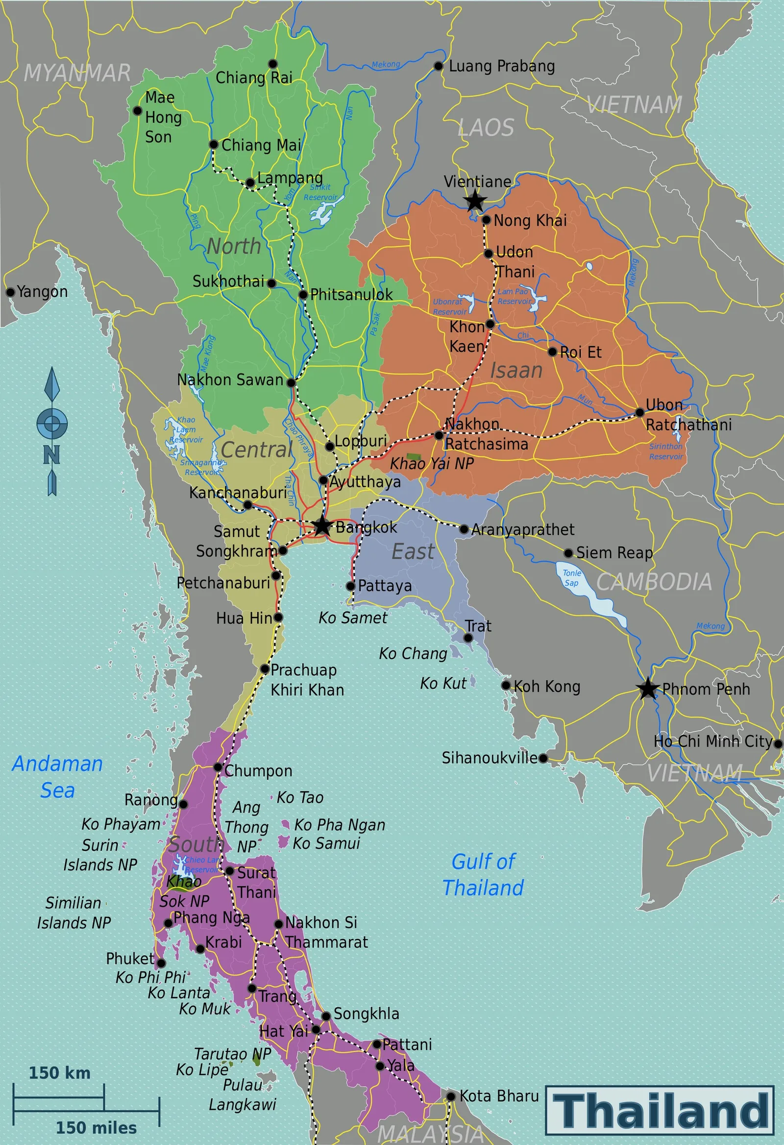 Kart over Thailands regioner