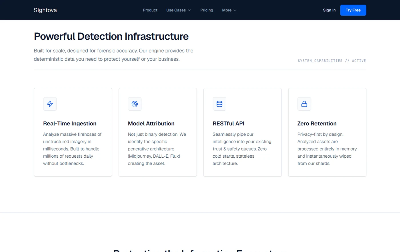 Skjermbilde av sightova.com: Sightova beskriver sanntidsanalyse, identifisering av generator, REST-API og at bildene slettes rett etter analysen.